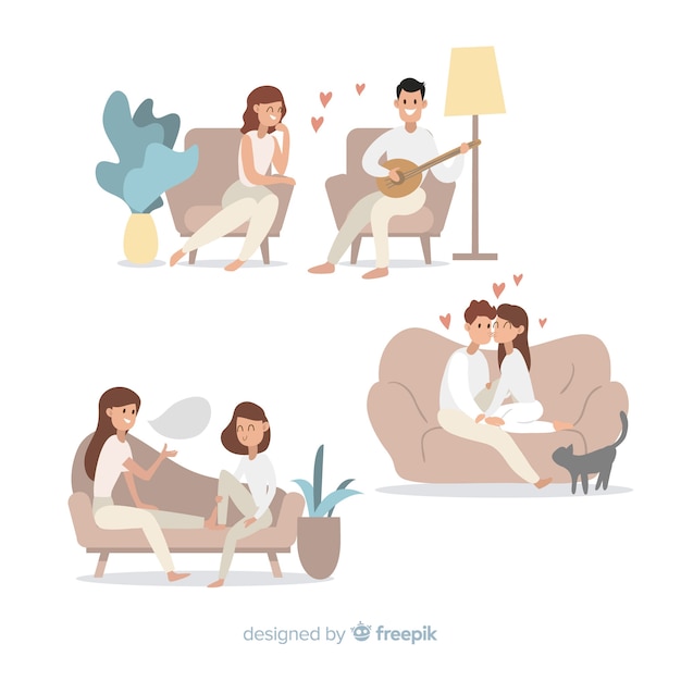 Free Vector young couple doing activities at home