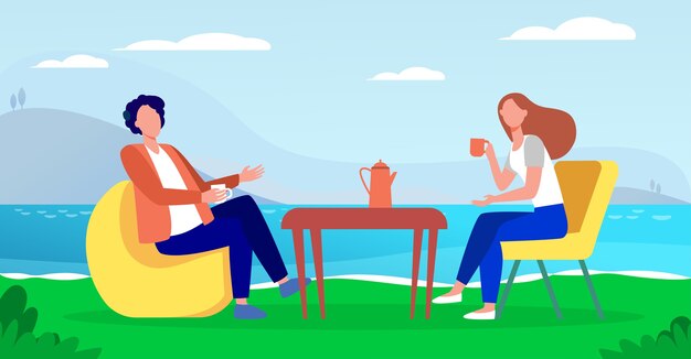 Young couple drinking coffee on lake shore. Couple man and woman dating outdoor flat vector illustration. Romantic meeting, romance, vacation