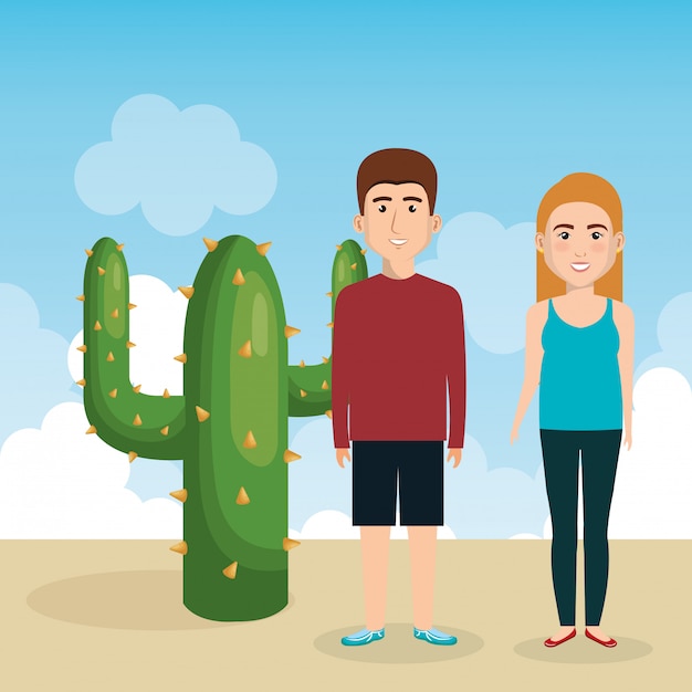 Free vector young couple in the landscape avatars characters