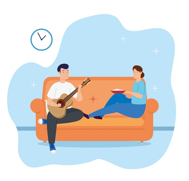 Free Vector young couple playing guitar and eating