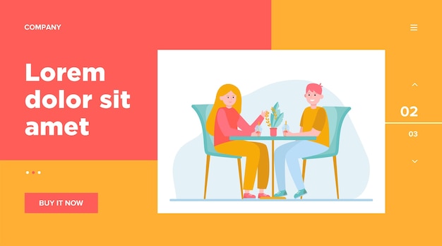 Young couple sitting in cafe and drinking bubble tea. Date, love, coffee flat vector illustration. Relationship and family concept website design or landing web page