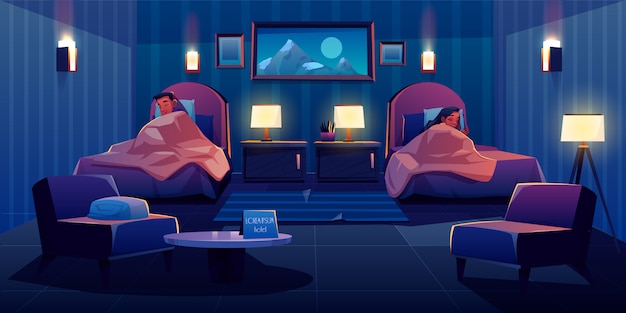 Free Vector young couple sleeping in apart beds at hotel suit