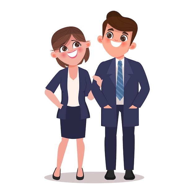 Young couple in suit clothes character pose