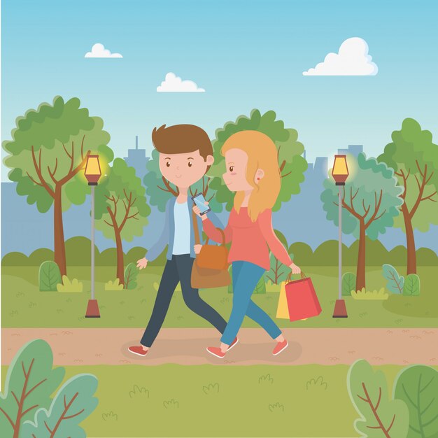 Young couple walking in the park characters