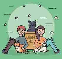 Free vector young couple with cute cats mascots