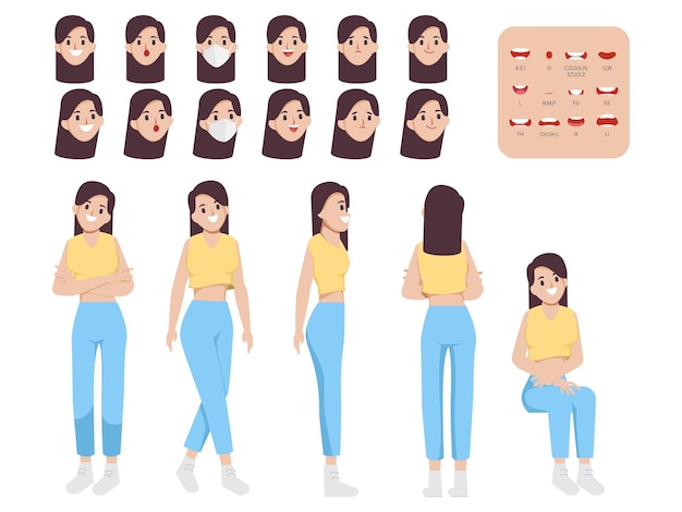 Free Vector young cute woman character for animated, creation people with emotions face animation mouth. flat vector design.