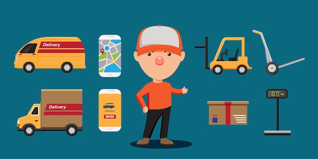 Free Vector young delivery man in cap with van truck forklift parcel and object of equipment in his work map application in smartphone in cartoon style for graphic designer vector illustration