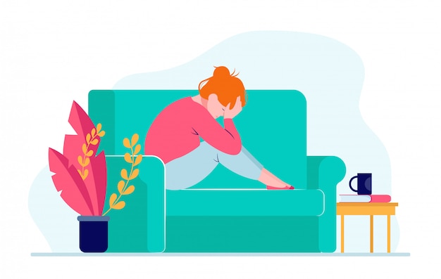 Free Vector young depressed woman sitting on sofa and holding head