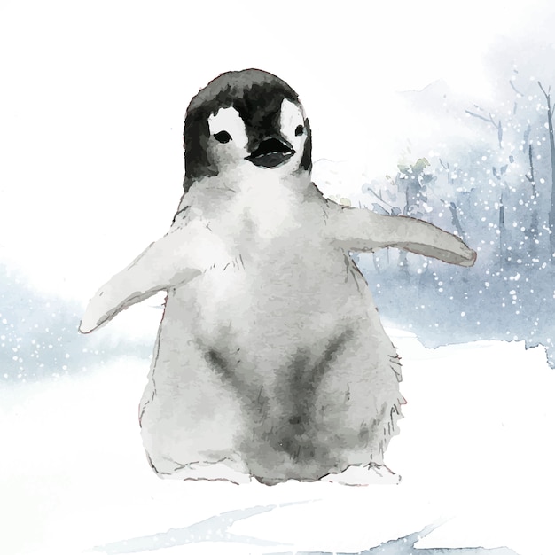 Free Vector young emperor penguin in the snow watercolor vector