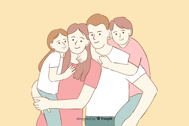 Young family in korean drawing style