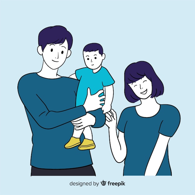 Young family in korean drawing style