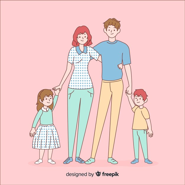 Young family in korean drawing style