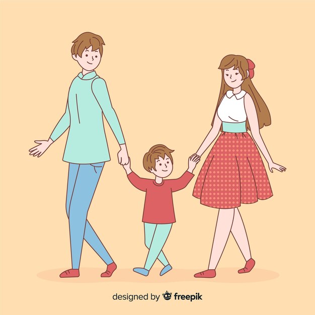 Young family in korean drawing style