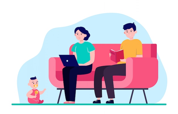 Free Vector young family sitting in one room