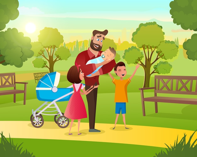 Free Vector young family on walk in park with child fresh air