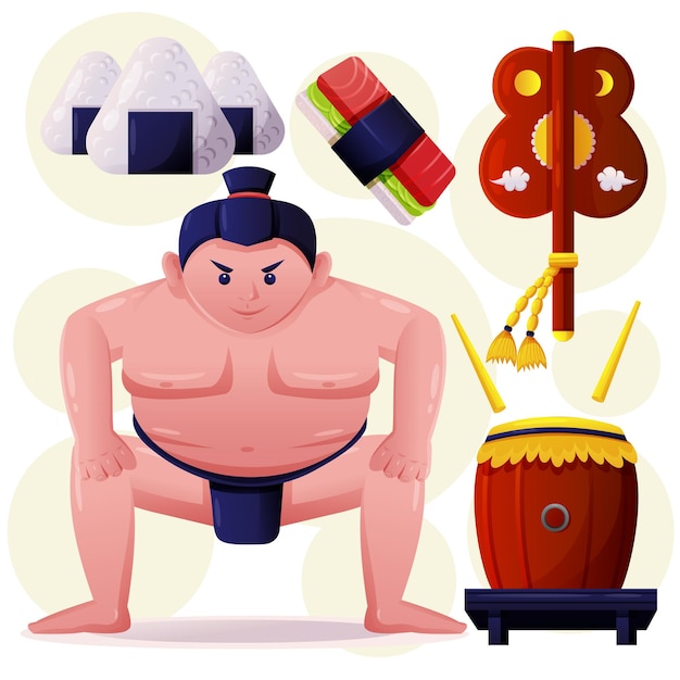 Free Vector young fat man in sumo martial and japanese food cartoon vector