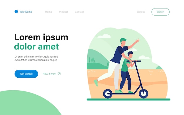 Young father riding on electric scooter with son landing page template