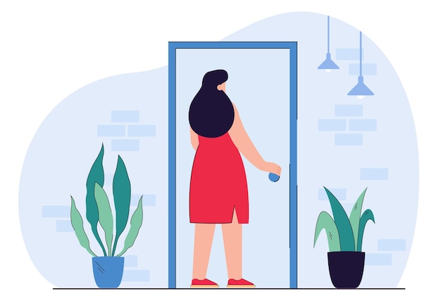 Free Vector young female character holding door knob entering building