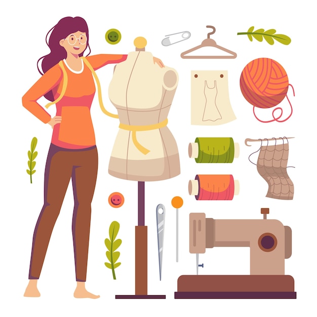 Free vector young female designer tailoring or dressmaker with professional equipment of tailor