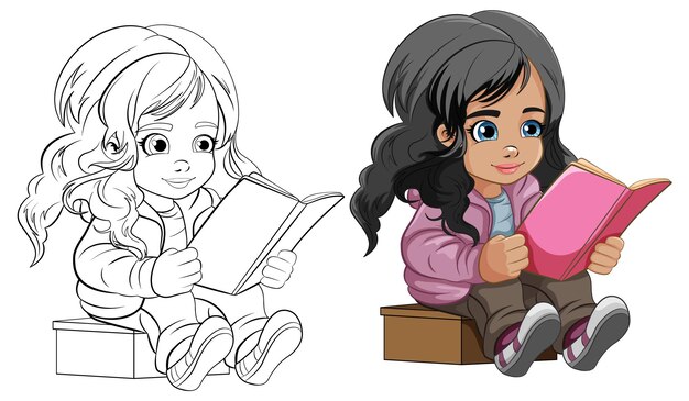 Young girl cartoon reading a book