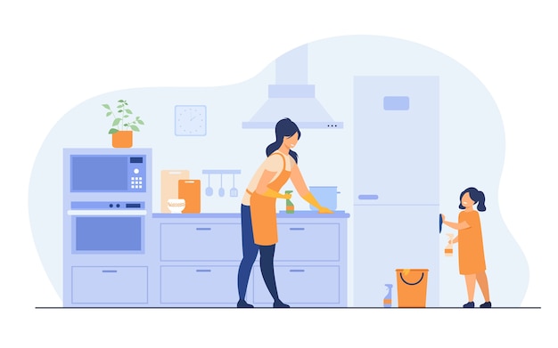 Free Vector young girl helping her mom to clean kitchen, dusting furniture, wiping fridge. vector illustration for family home activities, housework chores, household concept.