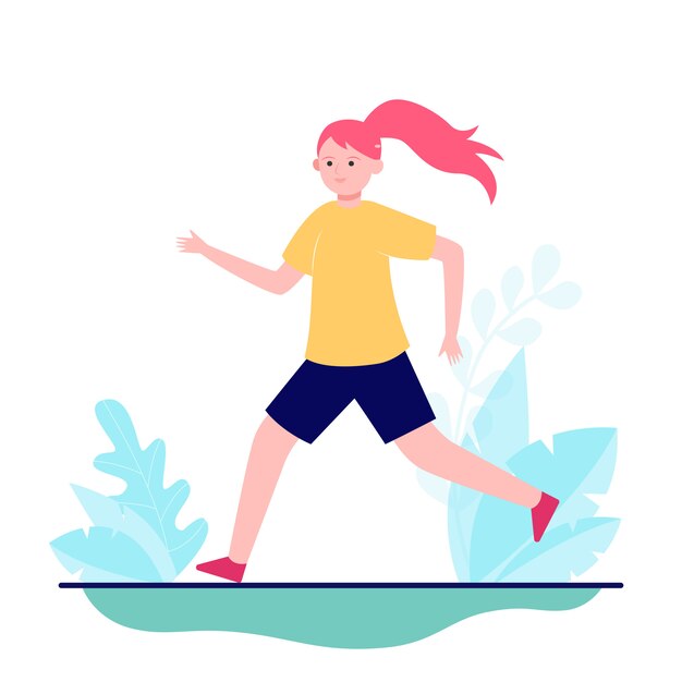 Young girl running or jogging on nature