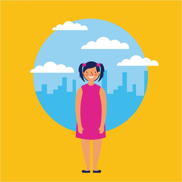 Young girl smiling over skyline, flat style