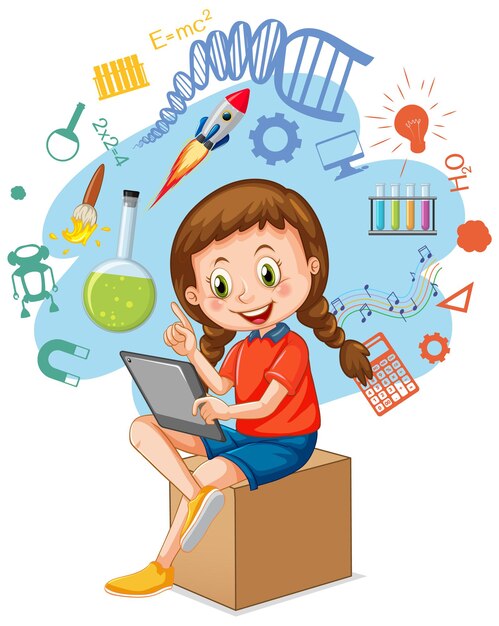 Young girl using tablet with education icons