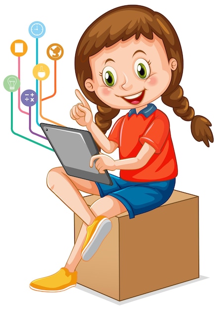 Young girl using tablet with education icons