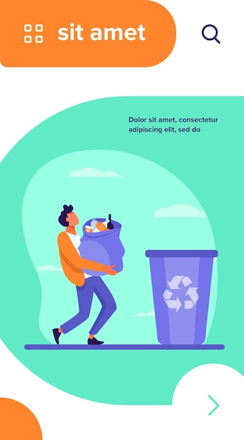 Free Vector young guy carrying bag with garbage to trash bin. container, rubbish, junk flat vector illustration