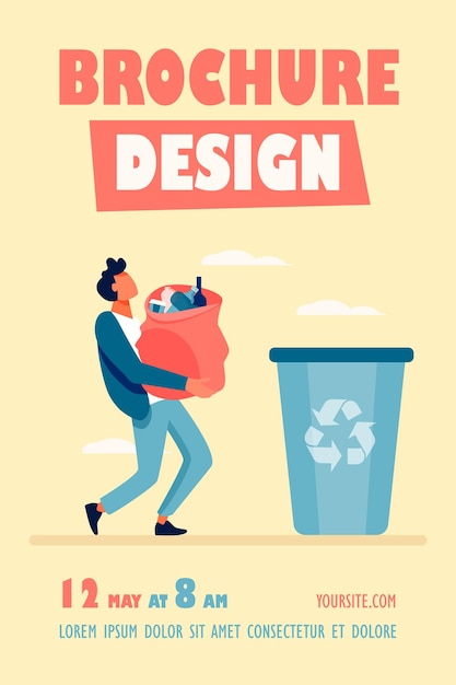 Free Vector young guy carrying bag with garbage to trash bin flyer template