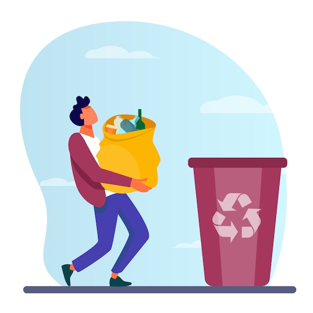 Young guy carrying bag with garbage to trash bin