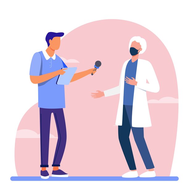 Young guy interviewing doctor in mask. Microphone, quarantine, reporter flat vector illustration. Pandemic and protection