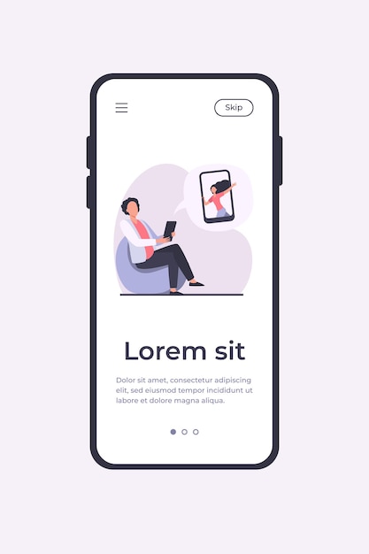 Free vector young guy sitting in chair and chatting with girl. smartphone, date, friend flat vector illustration. communication and digital technology concept mobile app template