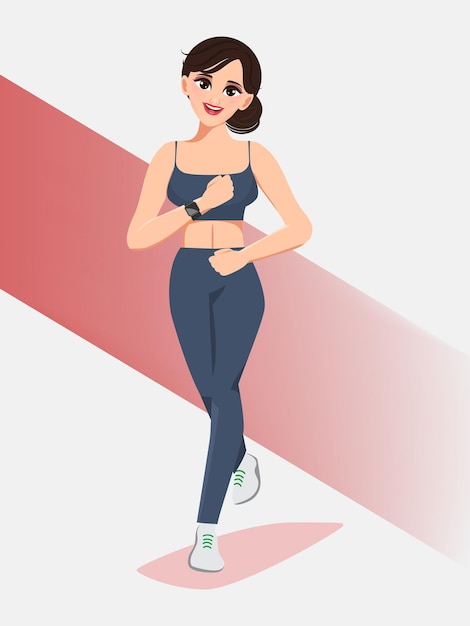 Young healthy woman exercise with running character. Flat cartoon vector design.