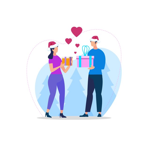 Free Vector young loving couple in sanata hats making gifts