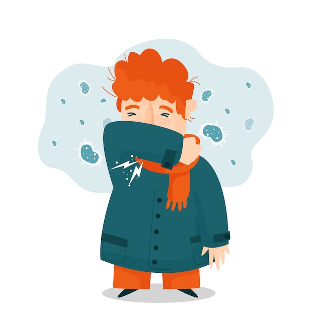 Free Vector young male wearing warm clothes and coughing