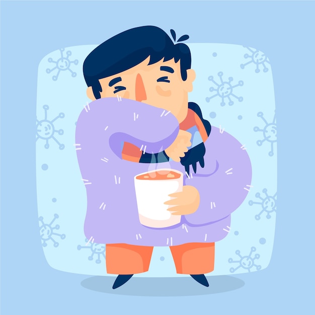 Free Vector young male with symptoms coughing and holding a cup