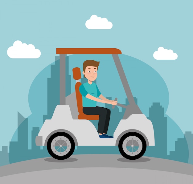 Young man driving golf cart