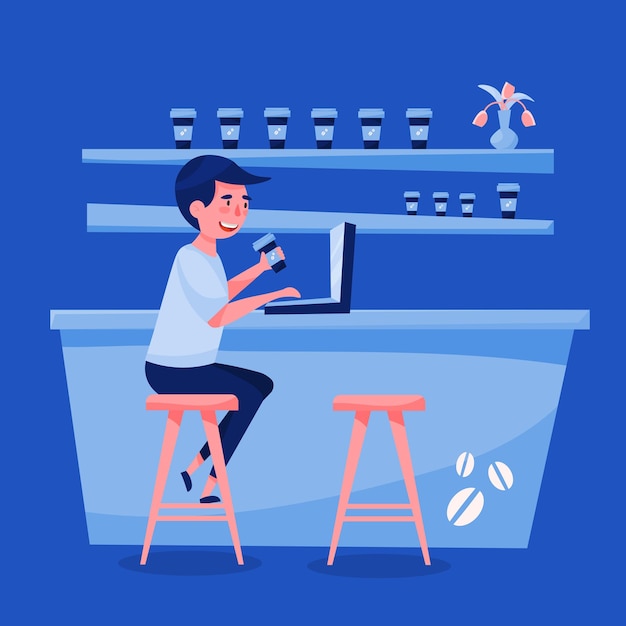 Free Vector young man freelancer working with his laptop in coffee bar cartoon composition blue interior background vector illustration