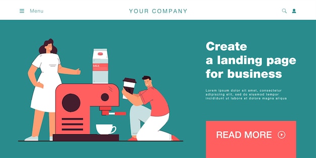 Free Vector young man giving coffee cup to his wife. couple making cappuccino using coffee machine flat vector illustration. family, household, coffee making concept for banner, website design or landing web page