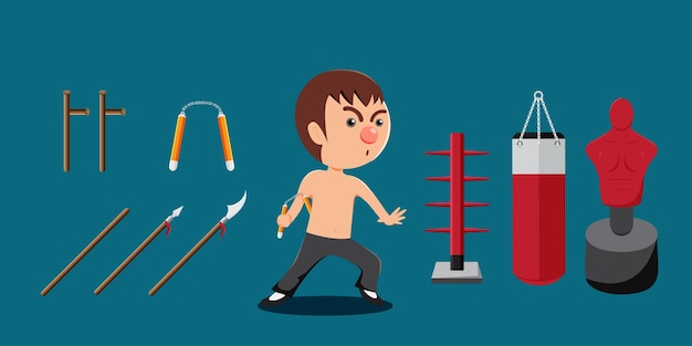 Free Vector young man in kung fu martial with equipment and weapon for practice in cartoon style for graphic designer vector