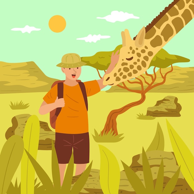 Young man petting a giraffe