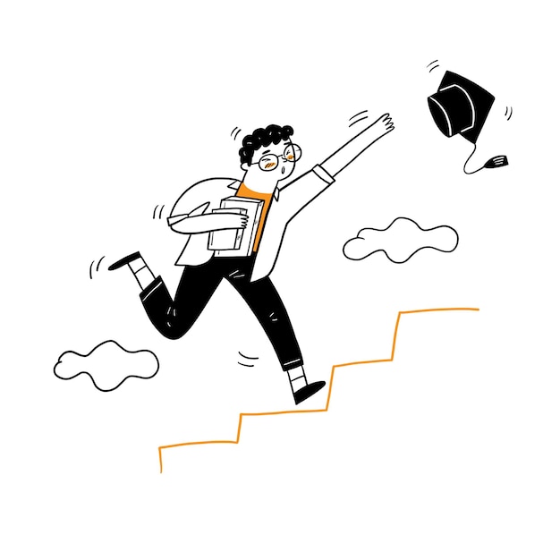 The young man running up to the stair for grabbing graduation cap, Vector Illustration cartoon doodles style