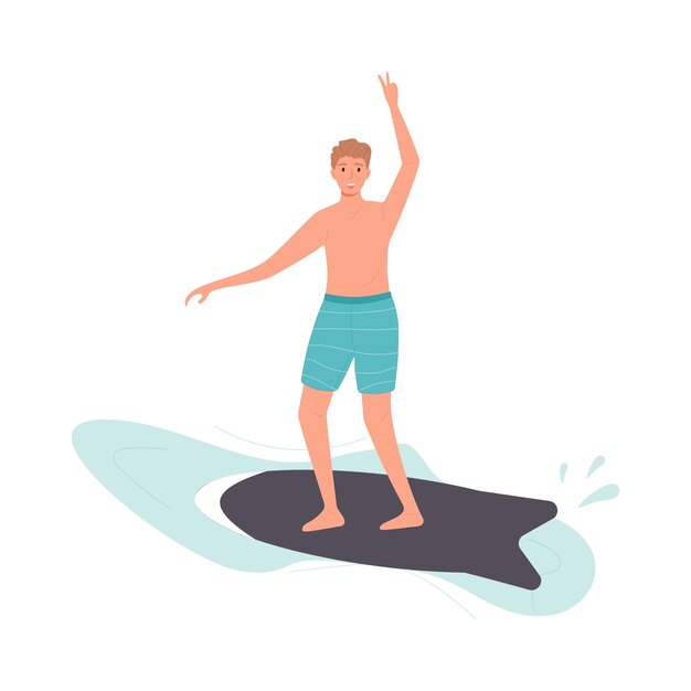 Young Man Surfing on a Small Wave in Casual Attire