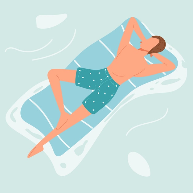 Young man in swimsuit lying on the inflatable mattress in the sea Vector illustration