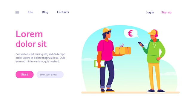 Free Vector young man using smartphone app for paying for delivery order. courier giving parcel to customer. mobile payment, service concept for website design or landing web page