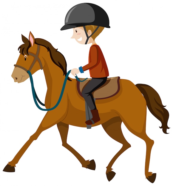 Young man wearing helmet or rider riding a horse cartoon isolated