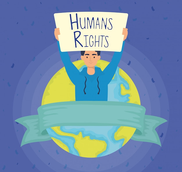 Free Vector young man with human rights label and world planet vector illustration design