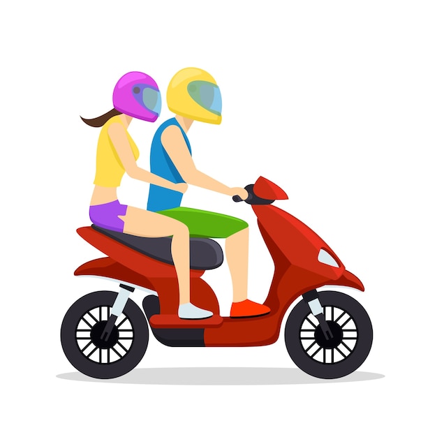 Young man and woman couple riding on scooter. Transport symbol, moped and motorcycle.